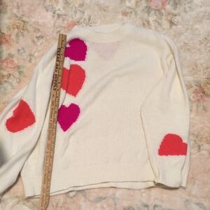 Women's Heart Pattern Pull Over  Sweater - Cream with Red and Pink Accents.